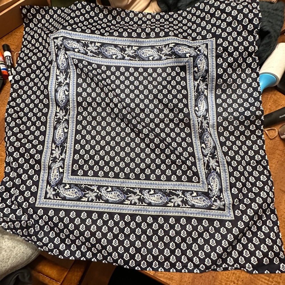 Les Olivades France Navy Blue White Paisley Floral Cotton Square Scarf 25x25